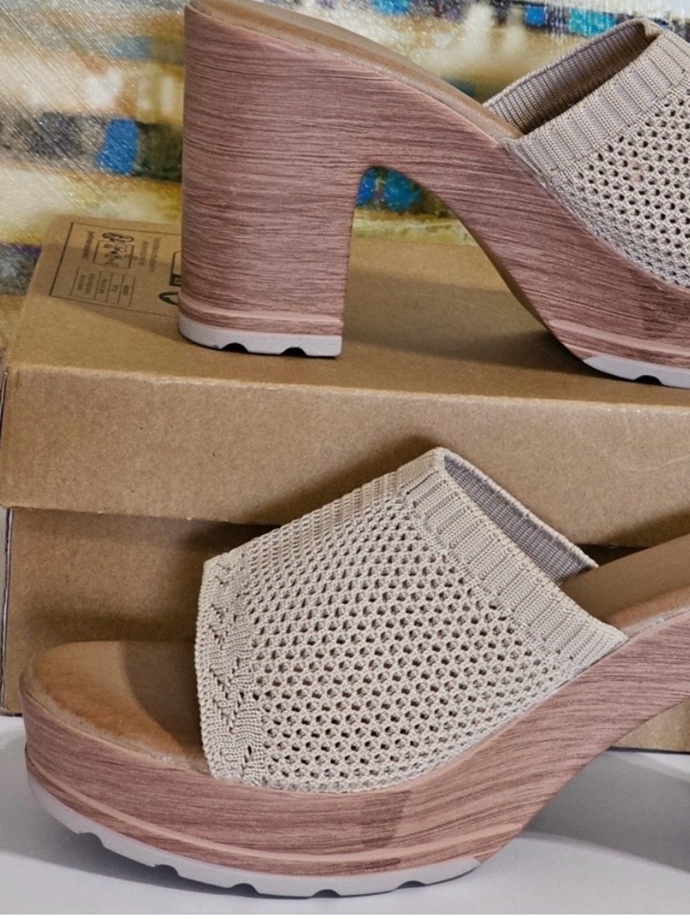 Beige Knit Platform Mule Heels - Women Casual Summer Resort Office Shoes - Picture 7 of 10